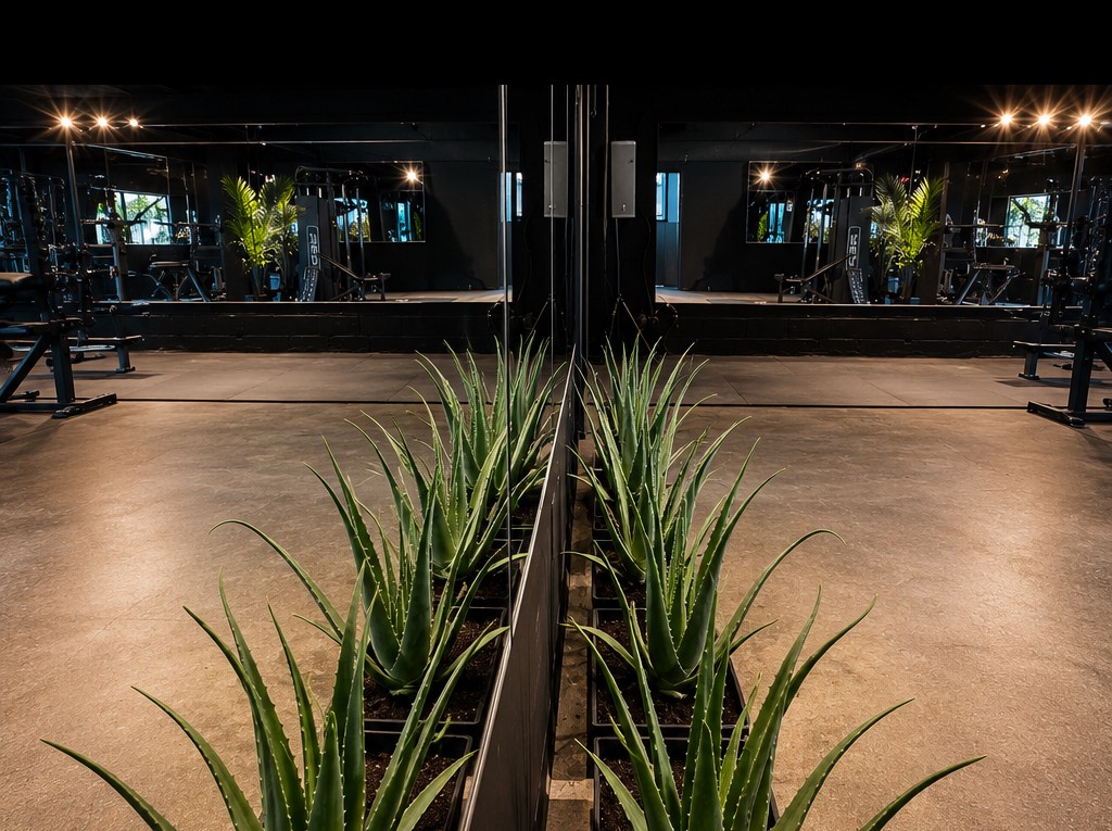 Rows of aloe in black planters running down the center of the training floor, doubled by the mirrored wall